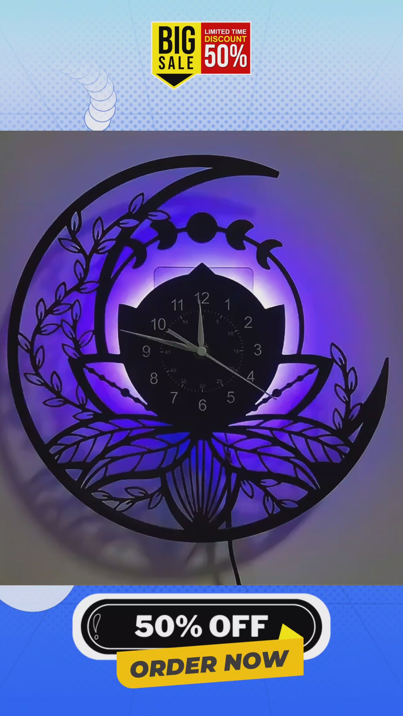 Acrylic Glass Moon Theme LED Wall Clock - Remote controlled Battery Powered, Analog Display, Flat Crown, Glow in the Dark, Electricity Operated,